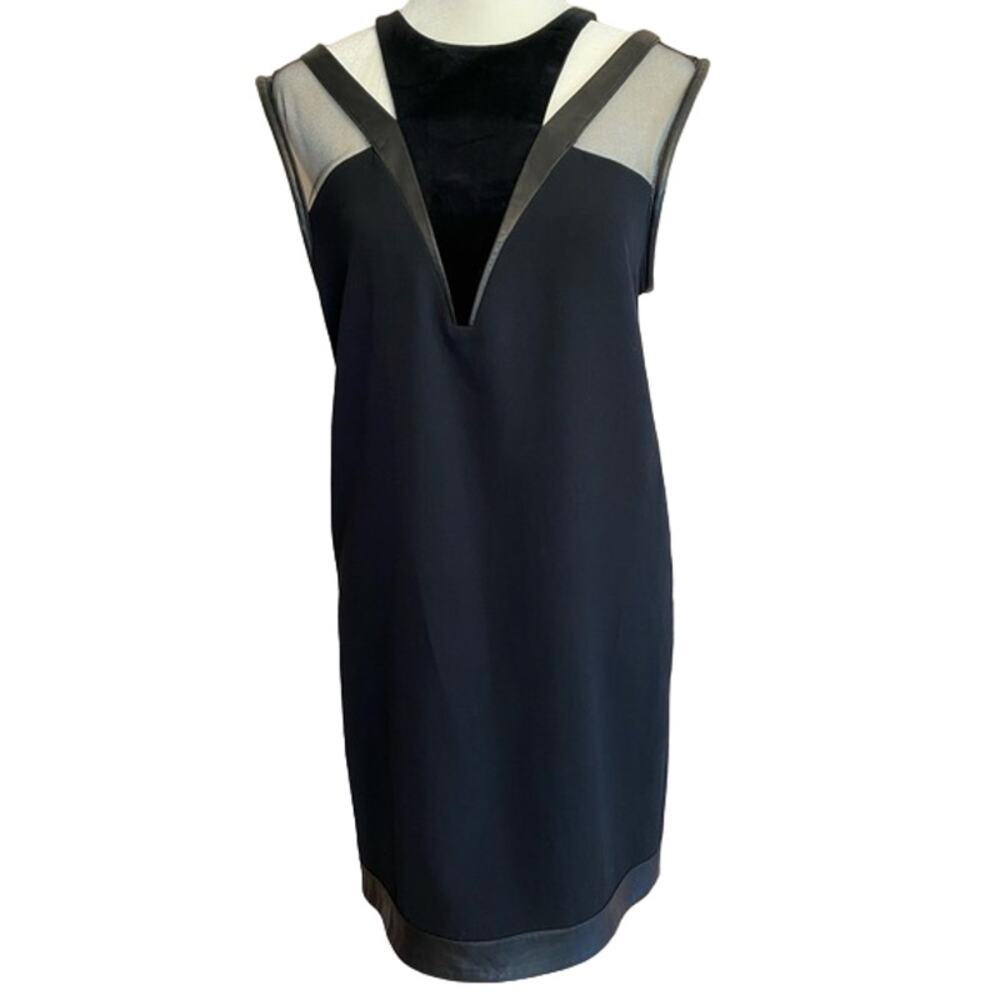 The Kooples‎ Black Mesh Velvet Lambskin Leather Sleeveless Sheath Dress Size M